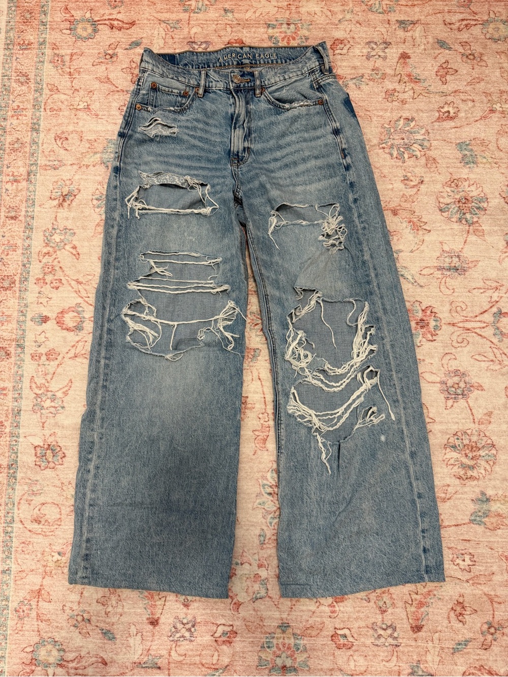 American Eagle Outfitters Light Blue Distressed Wide-Leg Jeans